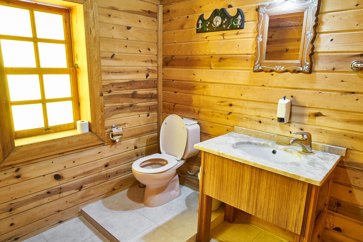 toilet in bathroom with wood walls, downstairs toilet ideas